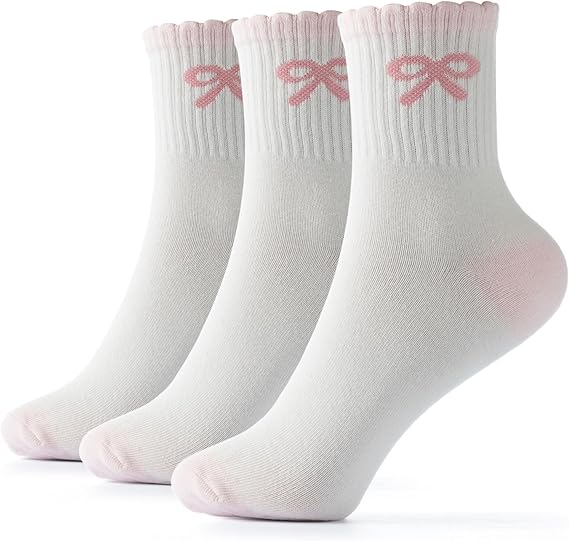 GOEWY Women's Cotton Crew Socks with Preppy Style Valentines Day Gifts Cute Bow Soft Ankle Socks Cozy and Warm 3 Pack