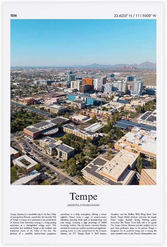 Tempe Color Print Tempe Real Photo Poster Travel Poster Gift Arizona United States USA Travel Minimal City Print Landscape Living Room Office Bedroom Canvas Deco Painting Unframe 12x18inch