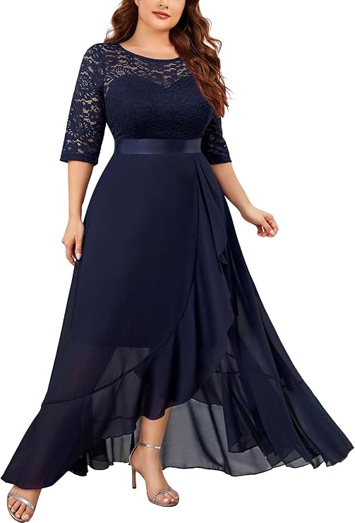 Miusol Women's Plus Size Elegant Ruffle Floral Lace Bridesmaid Maxi Dress