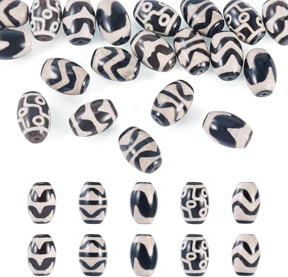 20Pcs 5 Styles Oval Barrel Tibetan Style Dzi Beads Wave Eye Pattern Drum Natural Agate Beads Barrel Drum Gemstone Bead for DIY Rosary Prayer Bracelets Earrings Jewelry Making