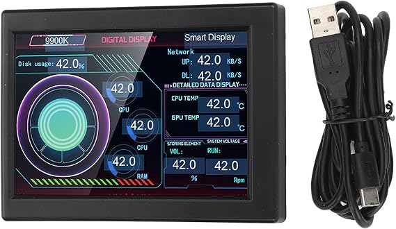 3.5 Inch PC Sensor Panel Display, Computer Temp Monitor, USB Type C IPS PC Temperature Display with Foldable Stand, Real Time CPU GPU Network Hard Drive Memory Monitoring for Gamin
