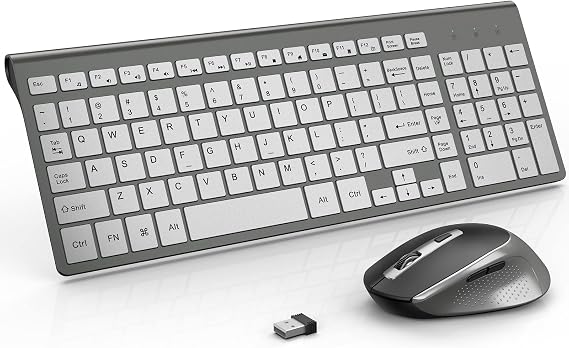 Wireless Keyboard and Mouse, J JOYACCESS Slim and Ergonomic Wireless Keyboard and Mouse Combo,Portable and Comfortable Typing for Laptop/Computer/Desktop/PC-Grey/Silver