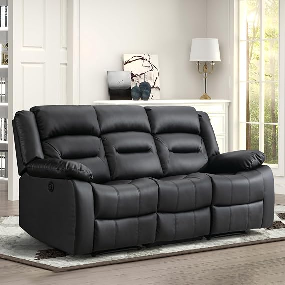EBELLO Faux Leather Power Electric Reclining Sofa, Overstuffed Comfortable Armrest 3 Seat Recliner Sofa, Couch for Living Room, Bedroom Furniture, Meeting Room, Black (3 Seat Sofa)