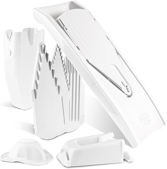 Mandoline Food Slicer Borner V1 (Profi Set) by Reston Lloyd V-Slicer with 4 Inserts, Docking Station & Food Holder Made in Germany Fruit & Vegetable Chopper Multiple Settings Color: White