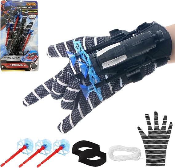 Spider Web Shooter Toy with String Ejection, Suction Cup Trigger Rope Launcher for Kids Black