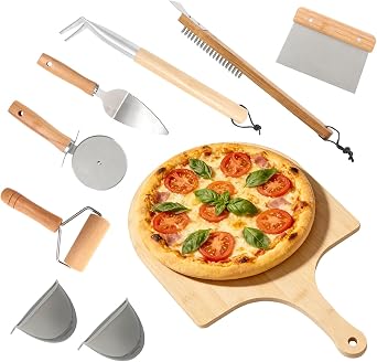 Pizza Oven Accessories Kit - Versatile 7 PCS Pizza Making Tools Kit for Home & Outdoor Ovens, Includes Pizza Peel, Oven Brush, Bubble Popper, Cutter Wheel,Pizza Spatula Server, Dough Roller & Scraper