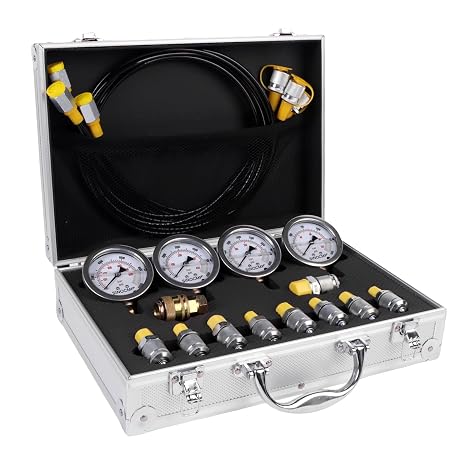 Hydraulic Pressure Test Kit with 4 Gauges 10 Couplings 3 Hoses, Hydraulic Tester Gauge Set 10Mpa/25Mpa/40Mpa/60Mpa for Excavator Construction Machinery