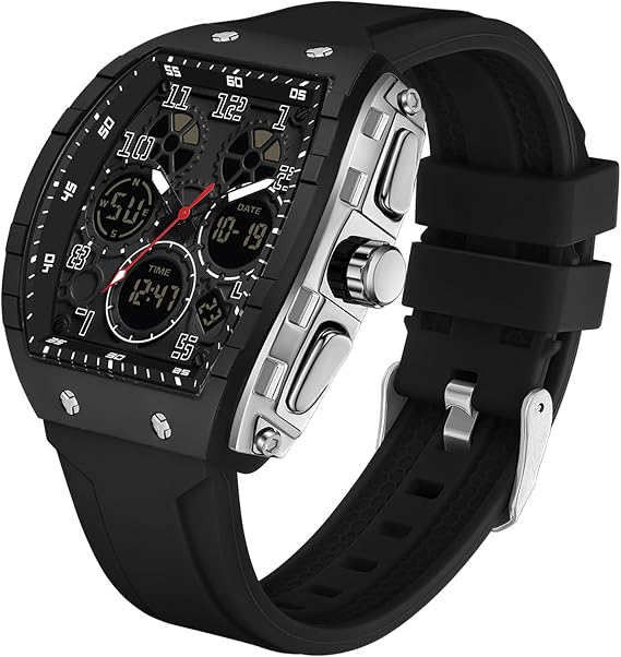 Rectangular Men's Watch White Men's Watches Digital Analogue Watch Chronograph Cool design creative quartz watch with double time timer stopwatch 5ATM waterproof sports watch