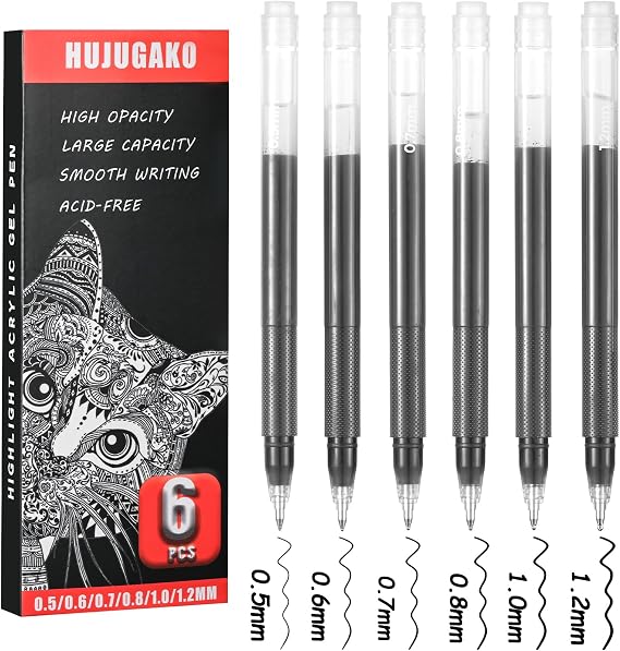 Black Gel Pens,6 Nib Acrylic Gel Pens, Large Capacity Highlighter Gel Ink Pens for Drawing,Sketching,Illustration,Card Making, Bullet Journaling (Black)