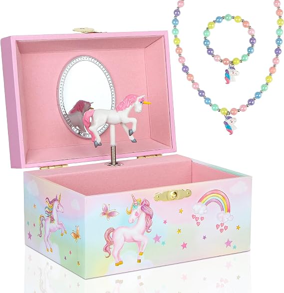 Music Jewellery Box with Necklace Bracelet, Musical Jewelry Storage Case with Spinning Unicorn Gift Set for Kids Girls Children Daughter (ShinyPink-Horse)
