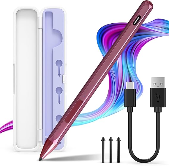 Stylus Pen for Surface Pro12/11/10/9/8/7/6/5/4/3/X/Go/Book/Laptop, Red | with Storage Box,4096 Tilt Pressure,Silver Magnetic Attachment, USB-C Fast Charging, Palm Rejection Function