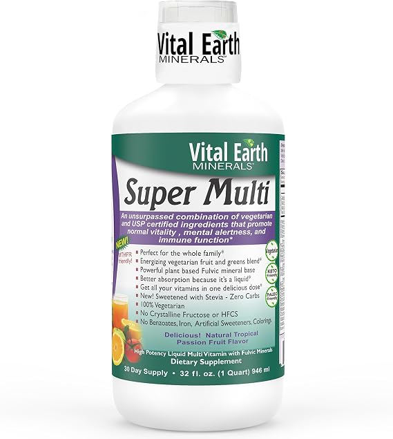 Vital Earth Minerals Super Multi Liquid Multivitamins for Women, Men & Kids, Liquid Vitamins with Fulvic Acid for Better Absorption, MTHFR Support, 32 Oz + 1 Oz Cup