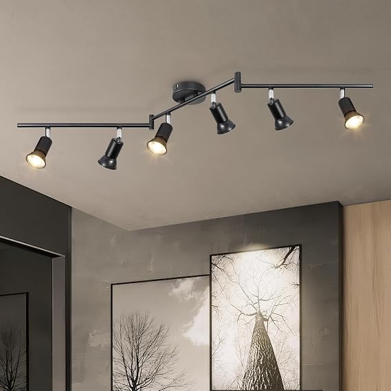 Ceiling Spotlight Rotatable - Matte Black 6 Way GU10 LED Ceiling Light 350° Swivelling Adjustable Modern for Kitchen Living Room Bedroom, No Bulbs [Energy Class A]