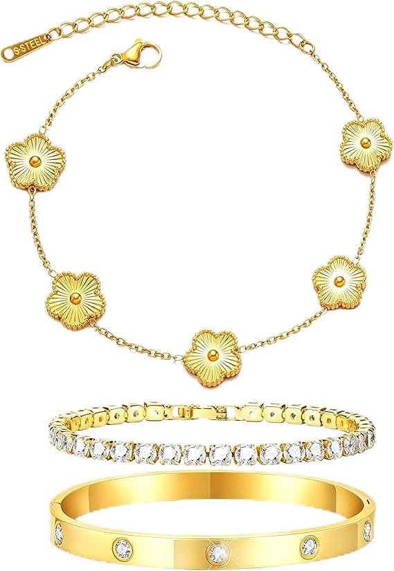 Four Leaf Clover Bracelet Gold Clover Bracelets 3 Piece 18K Stainless Steel Adjustable Stackable for Birthdays Women Girls