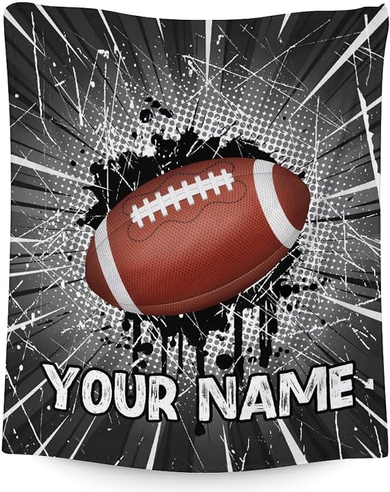Personalized Football Blanket Gifts with Name - Sports Throw Blanket for Football Player Team Football Lover Kids Teens Girls Boys - 40x50 Inches Black Print Soft Flannel Blankets for Couch Sofa Bed