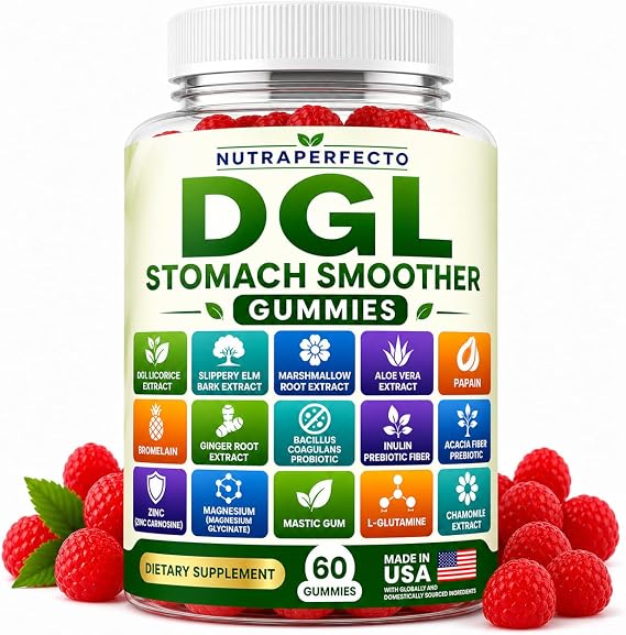 Sugar Free DGL Stomach Smoother Gummies with DGL Licorice, Slippery Elm, Marshmallow Root, Aloe Vera, Probiotic & Prebiotic Fiber, Ginger, Mastic Gum, L-Glutamine, Zinc Carnosine, Digestive Support