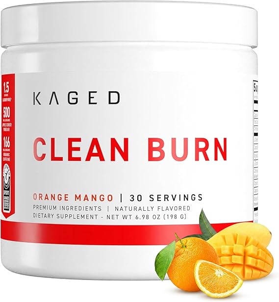 Kaged Thermogenic Powder Clean Burn Orange Mango Men & Women Weight Management Supplement Natural Caffeine Apple Cider Vinegar 30 Servings