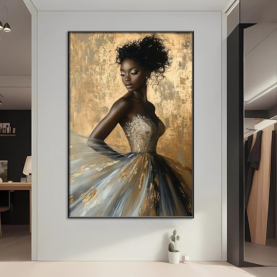 Canvas Wall Art - Beautiful Woman in Dress, African Woman Canvas Wall Art, Black Woman Poster, Black Culture Wall Art, African American Canvas Print, Sexy Woman Wall Art, Home Decor (Black Framed, 39"x59"|100x150cm)
