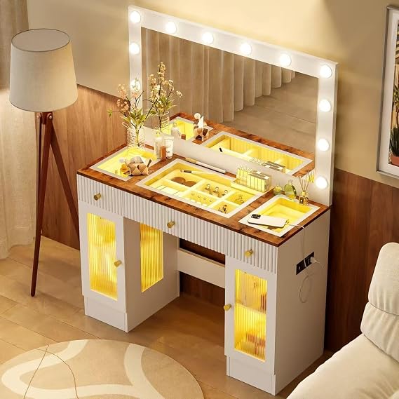Vanity Desk with Large Mirror and LED Bulbs, Glass Top Makeup Table with Lighted Mirror, Modern Vanity with Drawers & Power Outlet, 3 Color Lighting Modes, White Dressing Table for Bedroom