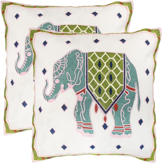 Embroidered Pillow Covers 18x18 Inch Decorative Throw Pillow Covers Couch Pillow Covers for Living Room Sofa Bed (Blue Elephant (2 Pack))
