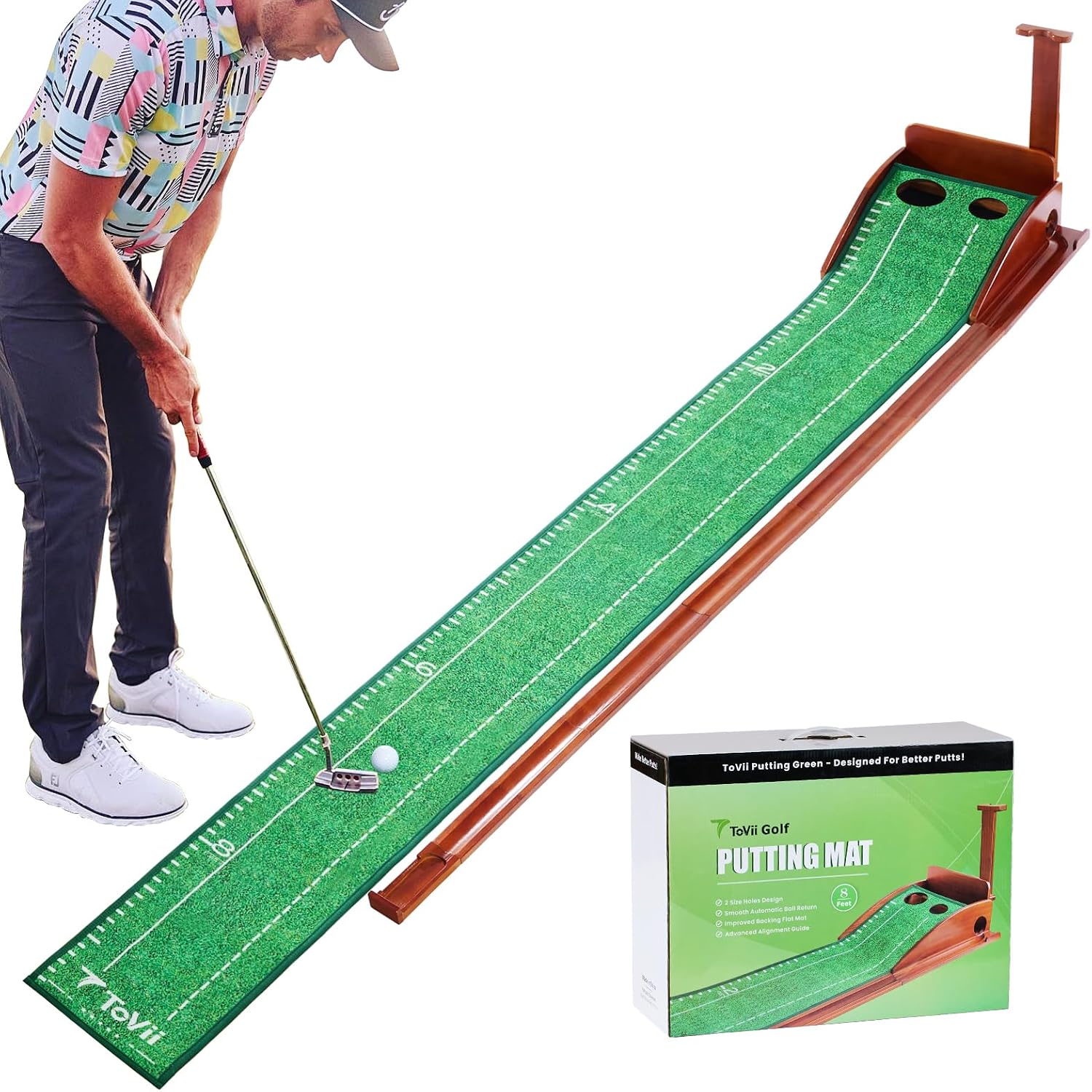 ToVii Putting Mat Indoor Golf - Indoor Putting Green with Automatic Ball Return System and 2 Size Holes, Golf Putting Mat for Home Office Backyard