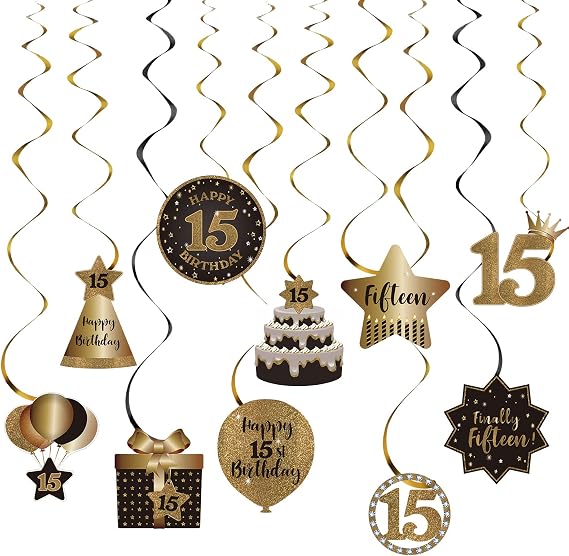 Happy 15th Birthday Hanging Swirls Streams Ceiling Decorations, Celebration 15 Foil Hanging Swirls with Cutouts for 15 Years Old Black and Gold Birthday Party Decorations Supplies