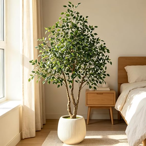 Artificial Ficus Tree 6.5FT with 1900 Leaves & White Planter Realistic Tall Large Fake Faux Tropical Silk Lifelike Plant 78 Inch for Indoor Home Office Store Corner Decor Housewarming Gifts