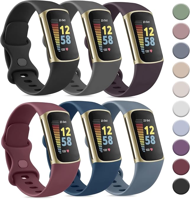 Tobfit 6 PACK Sport Bands Compatible with Fitbit Charge 6 / Fitbit Charge 5 Bands for Women Men, Soft Silicone Waterproof Straps Replacement Wristbands Compatible for Fitbit Charge 5 / Charge 6 Fitness Tracker(6 Pack)