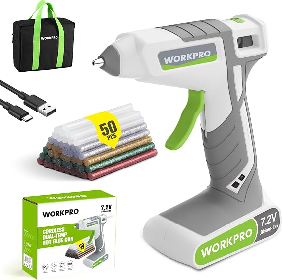 WORKPRO Cordless Hot Glue Gun, 7.2V Dual-Temp Kit, White