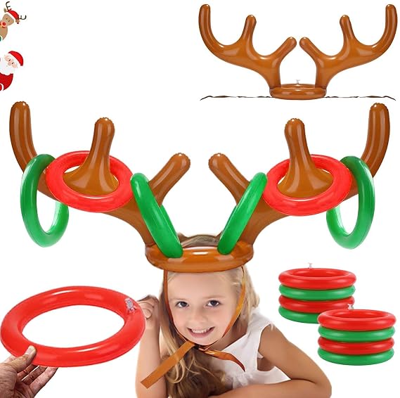 2PCS Christmas Party Toss Game Inflatable Reindeer Antler Hat with Rings for Kids Adults Family Xmas Fun Games(1 Pump,8 Rings, 2 Antlers)