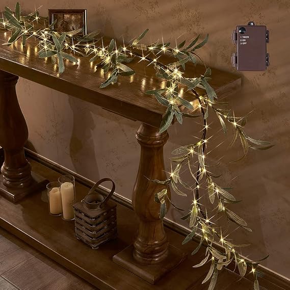 Hairui Lighted Artificial Olive Garland 6FT 96 LED Fairy Lights Battery Operated, Faux Vine Lights with Timer for Spring Christmas Holiday Fireplace Decor