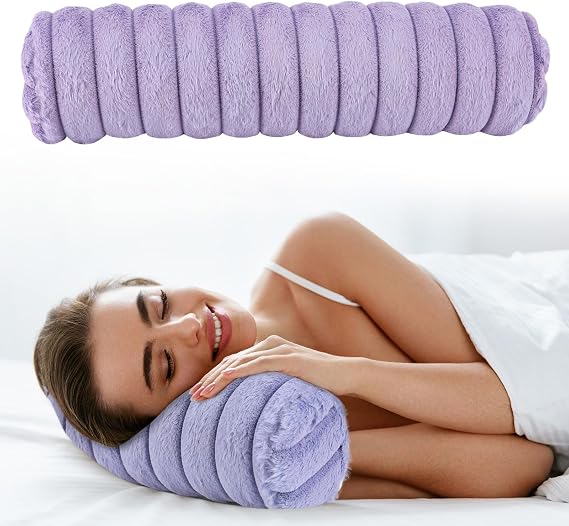 Round Cervical Roll Cylinder Bolster Pillow, Cervical Neck Roll Sponge Pillow, Faux Fur Cylinder Pillows, Neck Pillow for Sleeping for Head, Neck, Back, and Legs (Purple)