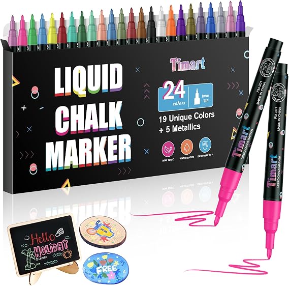 Timart Liquid Chalk Markers, Fine Tip Chalk Markers for Blackboard- Erasable Chalkboard Marker Pens for Window, Glass, Bistro, Cars, Signs, Non-Toxic with 5 Metallic Colors(24 Pack 1mm)