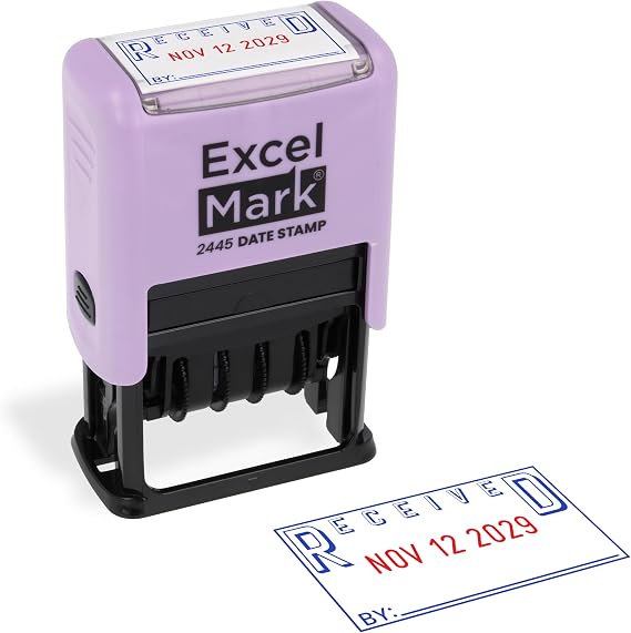 ExcelMark 2445 Date Stamp with Text - Blue and Red Ink Violet Mount, Received