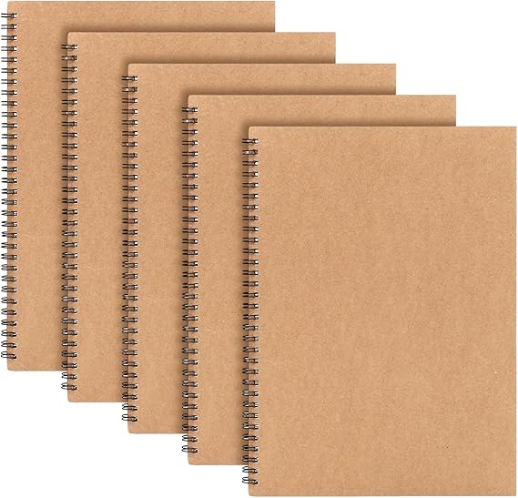 Yafe A4 Spiral Notebooks 5 Pack, Lined, 60 Sheets, Kraft Cover | Double Wirebound, Thick Beige Paper, Smooth Page Turning, Bleed-Resistant, for School, Office, Travel