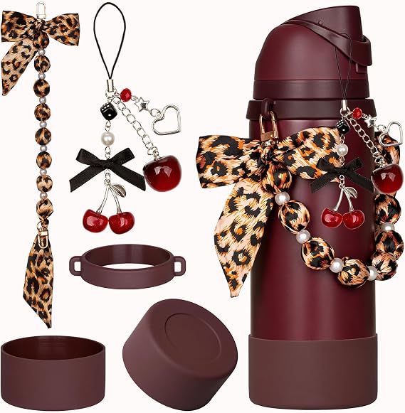 5Pcs Black Cherry Accessories for Owala with Boots, Charm, Handle Strap