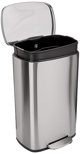 Amazon Basics LARGE Trash Can, 13.2 Gallon (50L), Smudge Resistant Rectangular Bin with Soft-Close Lid, Step Foot Pedal, Removable Inner Bucket, Brushed Stainless Steel, Satin Nickel Finish