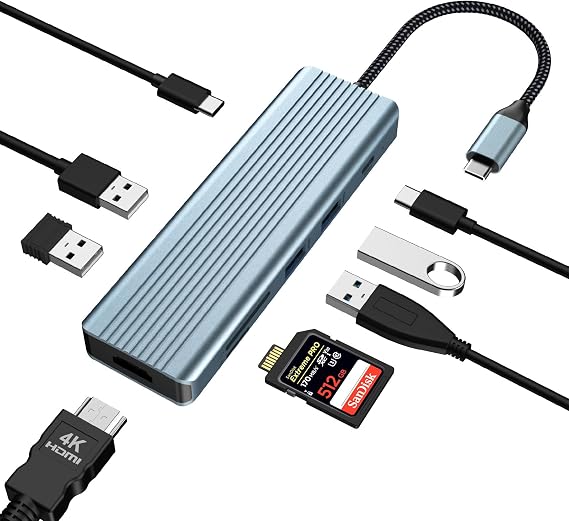 9 in 1 USB C Hub, Docking Station with 4K@30Hz HDMI, 3 x USB 3.0, USB C 3.0 Data Transfer, USB 2.0, 100W PD, SD/TF Card Reader, Compatible with Laptop and Other Type C Devices