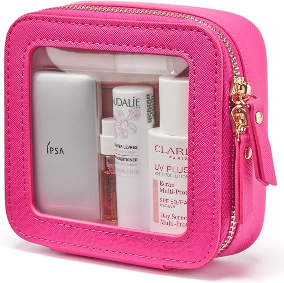 Popvibe Clear Makeup Bag Toiletry Case Travel Transparent Cosmetic Bag with Zipper, Portable Make Up Organizer Traveling Compact Car Bag for Essentials, Hot Pink, Mini, Clear Leather Cosmetic Case