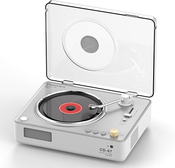 CD Player with Stereo Speakers, Retro Portable CD Players for Home, Bluetooth Transmitter,AUX Output, USB Mode and TF Card Support, Headphone Output and Remote Control (White)