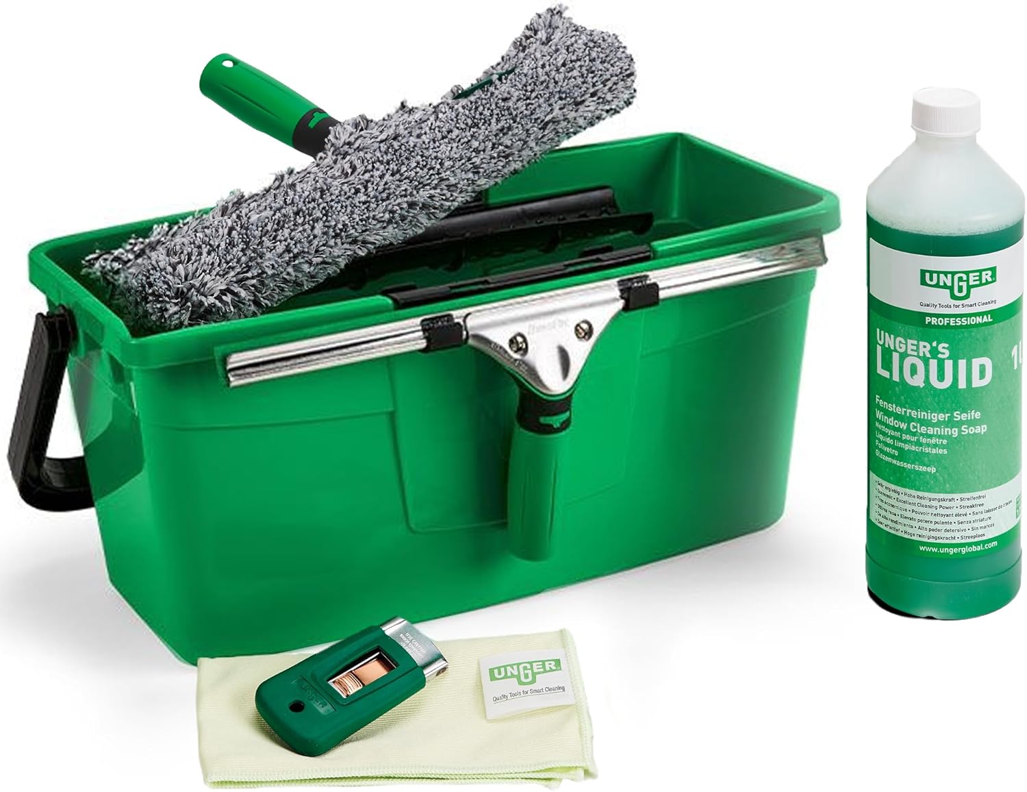 UNGER Window Cleaning Kit PRO Set - Power Washer Sleeve, ErgoTec Squeegee, Bucket 12L, Liquid Glass Cleaner 1L, Safety Glass Scraper, Microfibre Cloth - Professional Window Cleaner Equipment