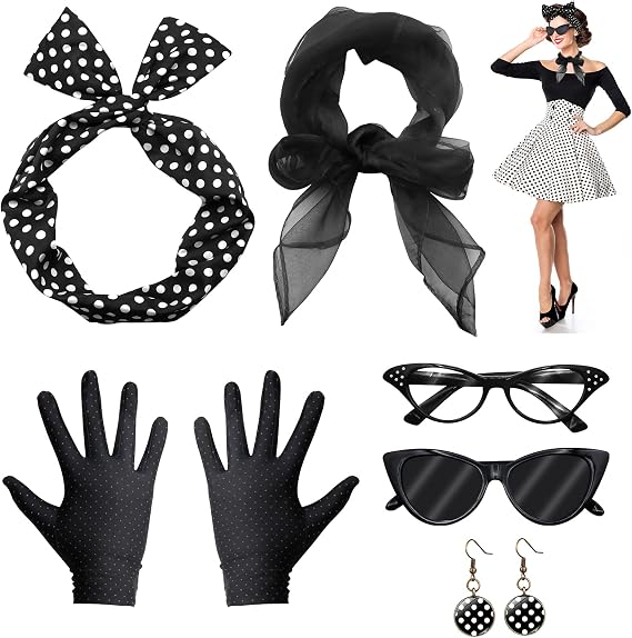 VEGCOO 50s Accessories Women, 6 Pieces 1950s Costume, Polka Dot Scarf Glove Earring Headband Glasses for Carnival Party (Black)