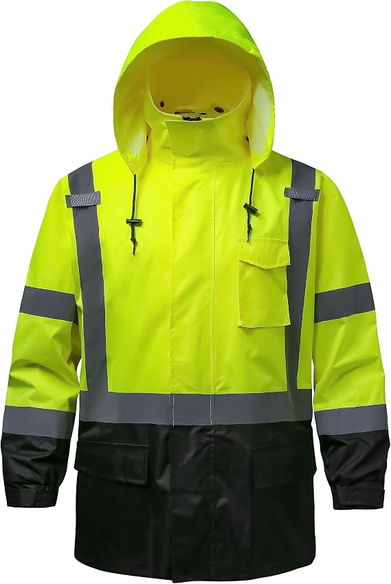 Reflective Rain jackets for men waterproof,Hi Vis Safety Coat With Reflective Strips,High Visibility Class 3 Rain jackets With 2 large pockets,Zipper,Black Bottom Lime,4XL/5XL