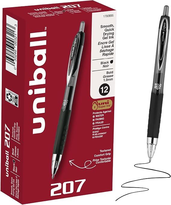 uniballTM 207 Gel Pens, Black Ink, 1.0mm Bold Point, Retractable, 12 Count