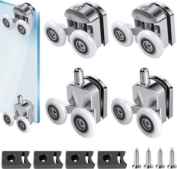 4Pcs Shower Door Rollers, 23mm Shower Rollers for Curved Doors, Twin Wheels Pulleys Bathroom Replacement Shower Door Roller with Anti-Collision Block and Screws
