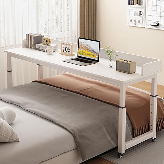 YVYKFZD Overbed Table with Wheels, Bedside Table Adjustable Height, Standing Mobile Over Bed Table, Portable Medical Over Bed Desk Space Saving (Color : White, Size : 150 * 50cm/59.0x19.6in)