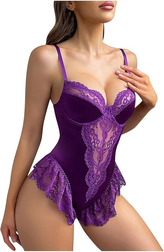 Teddy Lingerie for Women Sexy One Piece Bodysuit Deep V Babydoll Nightgown Ruffle Hem Mesh See Through Nightwear
