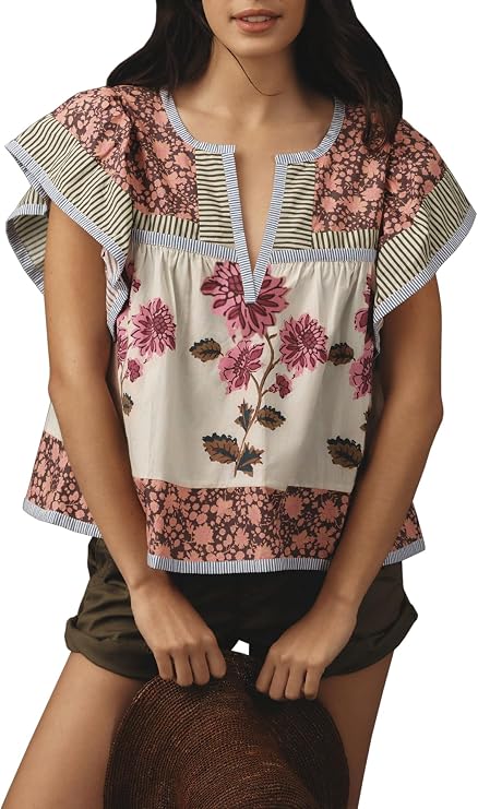 Womens Summer Floral Boho Tops Flutter Sleeve Patchwork Babydoll Shirts | Short Sleeve,Elegant V Neck,Casual Relaxed Fit,Flowy,Cute Boutique,Y2K Peplum Blouse