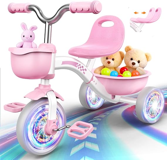 HappyGoLucky Pink Tricycles Toys for 2-5 Year Old Girls Gifts, Balance Bike 2-5 Year Old with 3 Colorful Lighting Wheels & Adjustable Seat, Baby Toddler Cycle Trikes Bike Girls Easter Toys for Kids