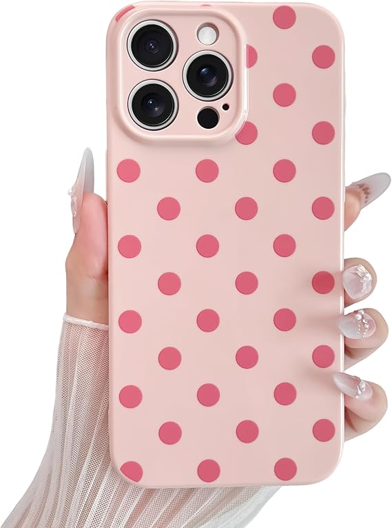 Skyseaco Compatible with iPhone 15 Pro Max Case Cute Polka Dot Phone Case Soft Slim TPU Shockproof Phone Cover Full Camera Protection for Women Girls - Pink